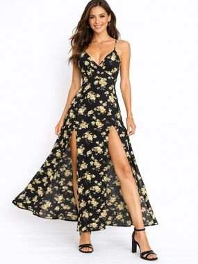 BLACK FLORAL DOUBLE SLIT CROSS BACK MAXI DRESS